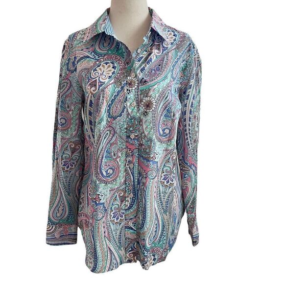 Talbots New w/ Tags Pastel Paisley Long Sleeve Button Front Blouse Cotton Small - Picture 1 of 7